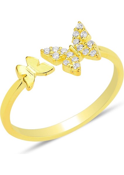 Gümüş Altın Yaldızlı Zirkon Taşlı Üstten Ayarlanabilir Uçan Kelebekler Yüzük SGTL12226GOLD