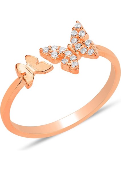 Gümüş Rose Zirkon Taşlı Üstten Ayarlanabilir Uçan Kelebekler Yüzük SGTL12226ROSE