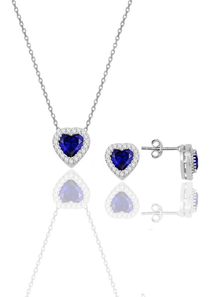 Gümüş Rodyumlu Safir Taşlı Pırlanta Modeli Kalp Kolye ve Küpe Ikili Set SGTL10139LACIVERT