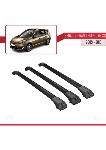 Renault Grand Scenic (Mk3) 2009-2016 Arası ile Uyumlu Ace-1 Ara Atkı Tavan Barı Siyah 3 Adet Bar