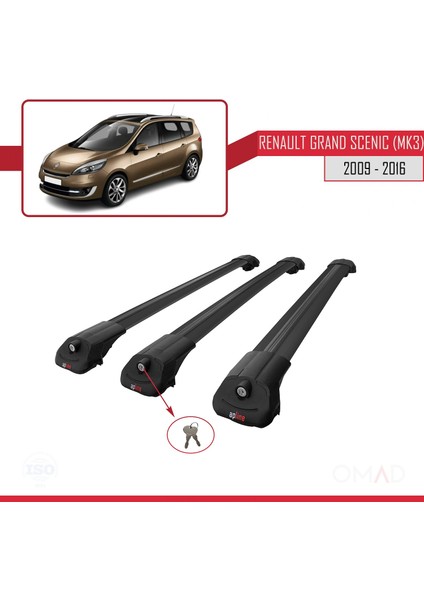 Renault Grand Scenic (Mk3) 2009-2016 Arası ile Uyumlu Ace-1 Ara Atkı Tavan Barı Siyah 3 Adet Bar