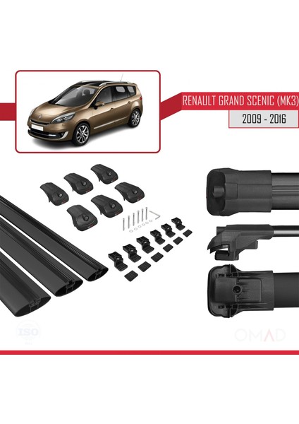 Renault Grand Scenic (Mk3) 2009-2016 Arası ile Uyumlu Ace-1 Ara Atkı Tavan Barı Siyah 3 Adet Bar