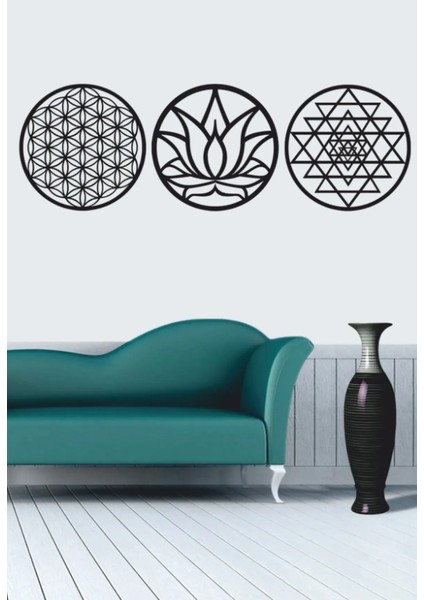 Akbudak Aydınlatma Yaşam Çiçeği Lotus Çiçeği Ve Sri Yantra 3'Lü Set Siyah Ve Ceviz Duvar Tablosu Ahşap Siri Yantra Yaşam Çiçeği