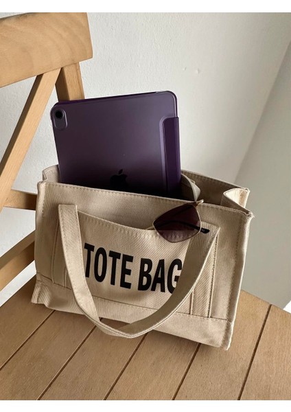 Kanvas Kumaş Totebag Vizon Kadın Omuz Çantası