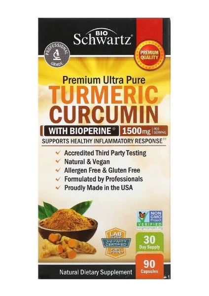 Bioschwartz, Bioperine ile Zerdeçal Curcumin, 500 mg, 90 Kapsül