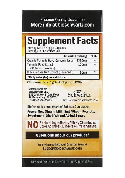 Bioschwartz, Bioperine ile Zerdeçal Curcumin, 500 mg, 90 Kapsül
