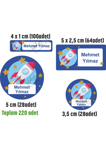 Atölye Çizgi Roket Okul Etiketi Kalem Defter Etiketi Isme Özel