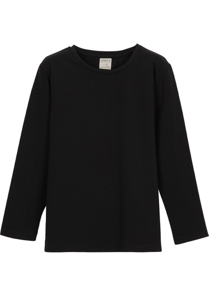 Siyah Basic Unisex Çocuk Mevsimlik Sıfır Yaka Uzun Kollu Tişört indirimleri