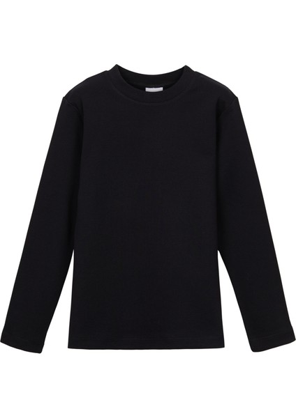 Siyah Basic Unisex Çocuk Kışlık Sıfır Yaka Uzun Kollu Tişört