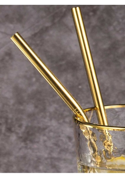 Gold Paslanmaz Çelik Pipet 2li Set ve Temizleme Fırçası Altın Pipetler Sunum Dekor