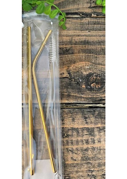 Gold Paslanmaz Çelik Pipet 2li Set ve Temizleme Fırçası Altın Pipetler Sunum Dekor