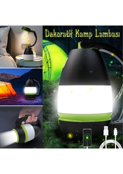 Dekoratif Outdoor Kamp Lambası Ledli Beyaz Işıklı El Feneri Işıldak Şarjlı Masa Gece Lamba Yeşil