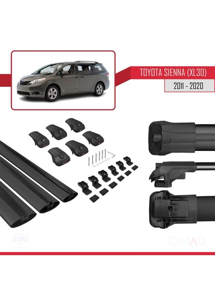 Toyota Sienna (XL30) 2011-2020 Arası ile Uyumlu Ace-1 Ara Atkı Tavan Barı Siyah 3 Adet Bar