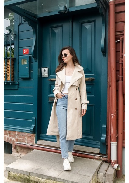 Pamuk Gabardin Uzun (110CM) Astarlı Kemerli Kadın Trençkot 1111 fiyatları