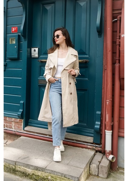 Pamuk Gabardin Uzun (110CM) Astarlı Kemerli Kadın Trençkot 1111 modelleri