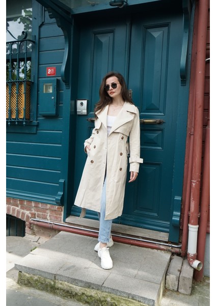 Pamuk Gabardin Uzun (110CM) Astarlı Kemerli Kadın Trençkot 1111 fırsatları