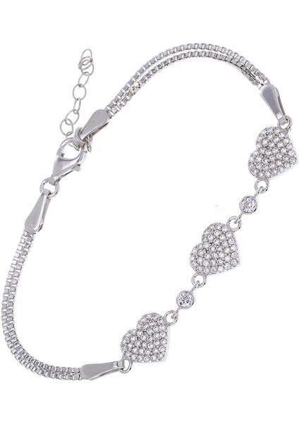Kalp Büyük Model Zirkon Taşlı 925 Ayar Gümüş Kadın Bileklik