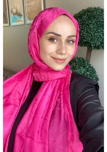 Büşra Fethi Ipeksi Jakar Italyan Şal Çizgi Desen - Barbie Pembesi