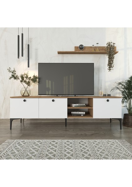 Cool Home Motto Raflı Tv Ünitesi 180 cm Meşe (Sepet) - Beyaz