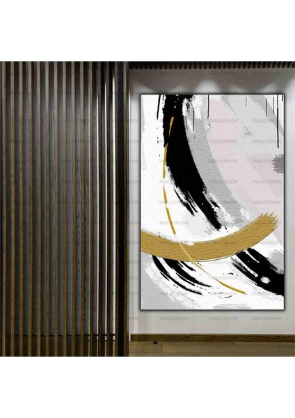 Gold Siyah Halkalar Soyut Yağlı Boya Dokulu Tablo