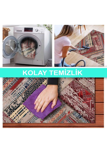 Ilyaki Home Badra Desenli Kadife Pamuk Tabanlı Yıkanabilen Kaydırmaz Salon Halısı