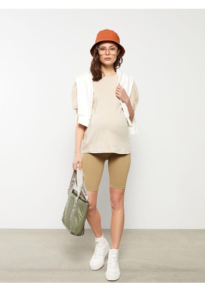 Maternity Beli Lastikli Düz Hamile Biker Tayt