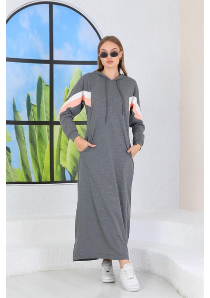Kapüşonlu Tam Boy Kadın Uzun Elbise Gri modelleri