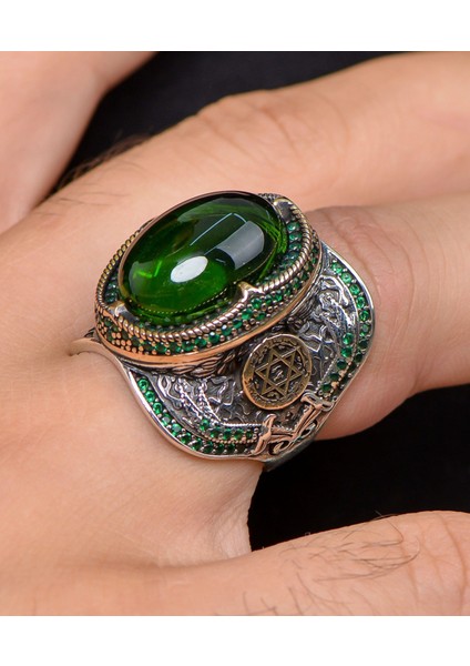 Gümüş Hz. Süleyman Mührü Yeşil Zirkon Taşlı 925 Ayar Gümüş Erkek Yüzüğü