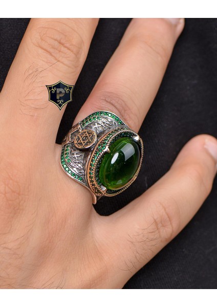 Gümüş Hz. Süleyman Mührü Yeşil Zirkon Taşlı 925 Ayar Gümüş Erkek Yüzüğü fiyatları