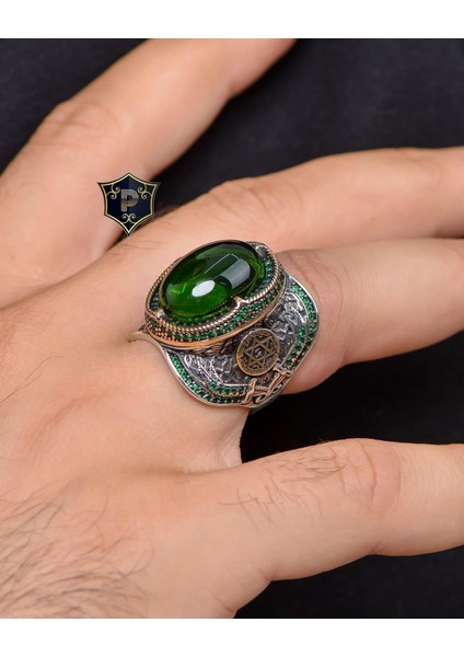 Gümüş Hz. Süleyman Mührü Yeşil Zirkon Taşlı 925 Ayar Gümüş Erkek Yüzüğü modelleri