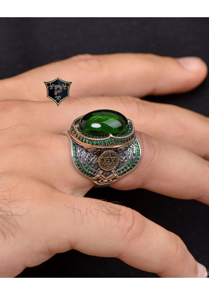 Gümüş Hz. Süleyman Mührü Yeşil Zirkon Taşlı 925 Ayar Gümüş Erkek Yüzüğü fırsatları