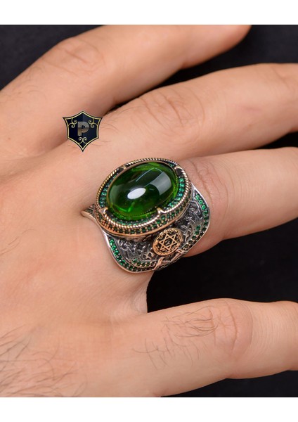 Gümüş Hz. Süleyman Mührü Yeşil Zirkon Taşlı 925 Ayar Gümüş Erkek Yüzüğü indirimleri