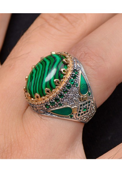 Gümüş Malakit Taşlı 925 Ayar Gümüş Erkek Yüzüğü