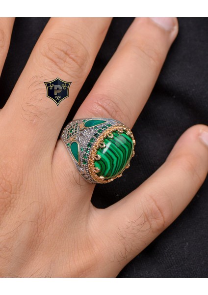 Gümüş Malakit Taşlı 925 Ayar Gümüş Erkek Yüzüğü fiyatları