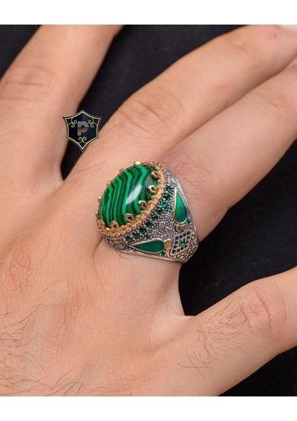 Gümüş Malakit Taşlı 925 Ayar Gümüş Erkek Yüzüğü modelleri