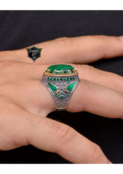 Gümüş Malakit Taşlı 925 Ayar Gümüş Erkek Yüzüğü fırsatları