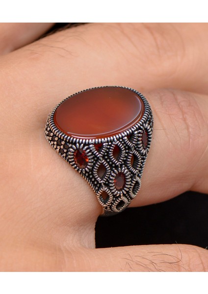 Gümüş Akik Taşlı Zirkon Taş Süslemeli 925 Ayar Gümüş Erkek Yüzüğü