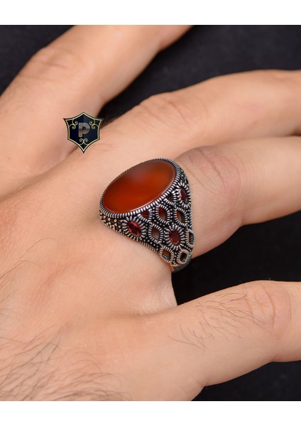 Gümüş Akik Taşlı Zirkon Taş Süslemeli 925 Ayar Gümüş Erkek Yüzüğü modelleri