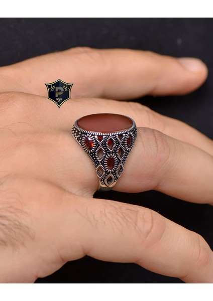 Gümüş Akik Taşlı Zirkon Taş Süslemeli 925 Ayar Gümüş Erkek Yüzüğü fırsatları