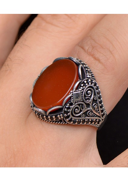 Gümüş Akik Taşlı Zirkon Taş Süslemeli 925 Ayar Gümüş Erkek Yüzüğü