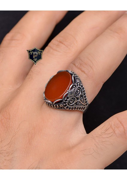 Gümüş Akik Taşlı Zirkon Taş Süslemeli 925 Ayar Gümüş Erkek Yüzüğü fiyatları