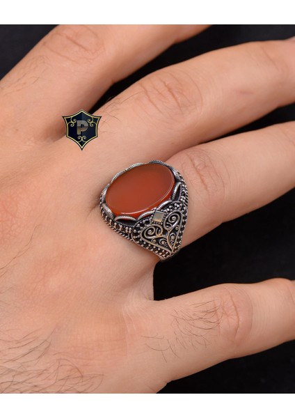 Gümüş Akik Taşlı Zirkon Taş Süslemeli 925 Ayar Gümüş Erkek Yüzüğü indirimleri