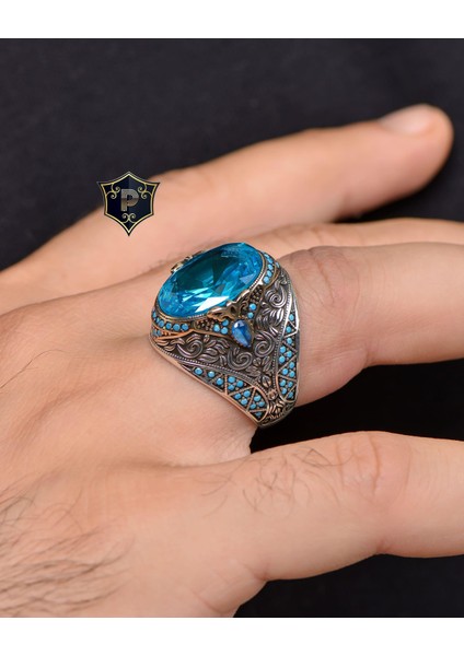 Gümüş Aquamarine Taşlı Turkuaz Taş Süslemeli 925 Ayar Gümüş Erkek Yüzüğü fiyatları