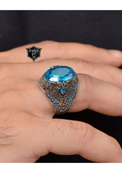 Gümüş Aquamarine Taşlı Turkuaz Taş Süslemeli 925 Ayar Gümüş Erkek Yüzüğü modelleri