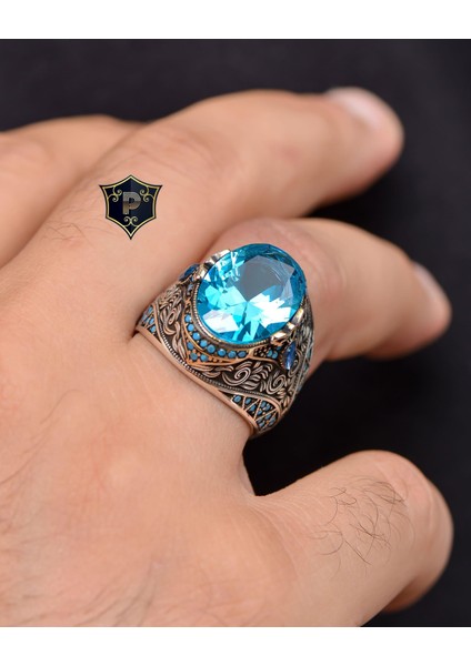 Gümüş Aquamarine Taşlı Turkuaz Taş Süslemeli 925 Ayar Gümüş Erkek Yüzüğü fırsatları