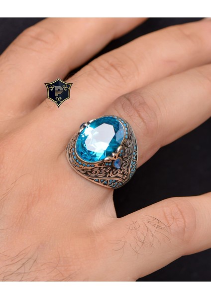 Gümüş Aquamarine Taşlı Turkuaz Taş Süslemeli 925 Ayar Gümüş Erkek Yüzüğü indirimleri