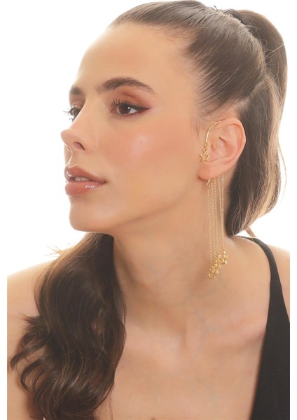 Kadın Altın Renk Lak Kaplama Sallantılı Yıldız Charm Earcuff&kıkırdak Küpe