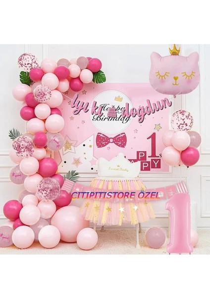 Pembe Kız Çocuklarına Özel Kedi Folyolu Balon Zincir Set