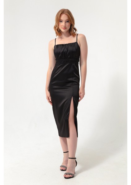 Kadın Siyah Ince Askılı Yırtmaçlı Midi Saten Abiye Elbise fiyatları