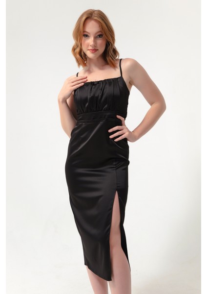 Kadın Siyah Ince Askılı Yırtmaçlı Midi Saten Abiye Elbise modelleri